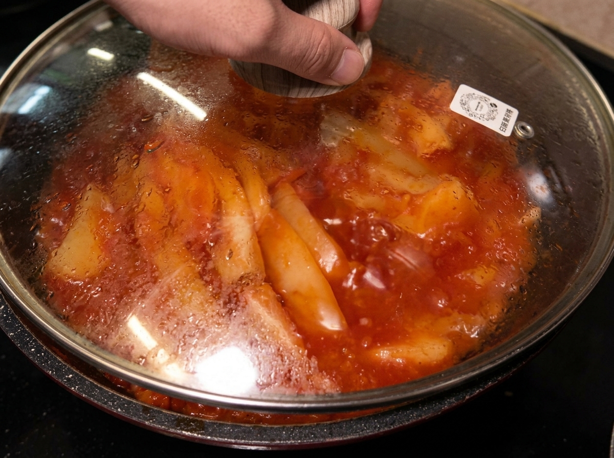 냄비 뚜껑을 닫고 조리를 마치는 모습.