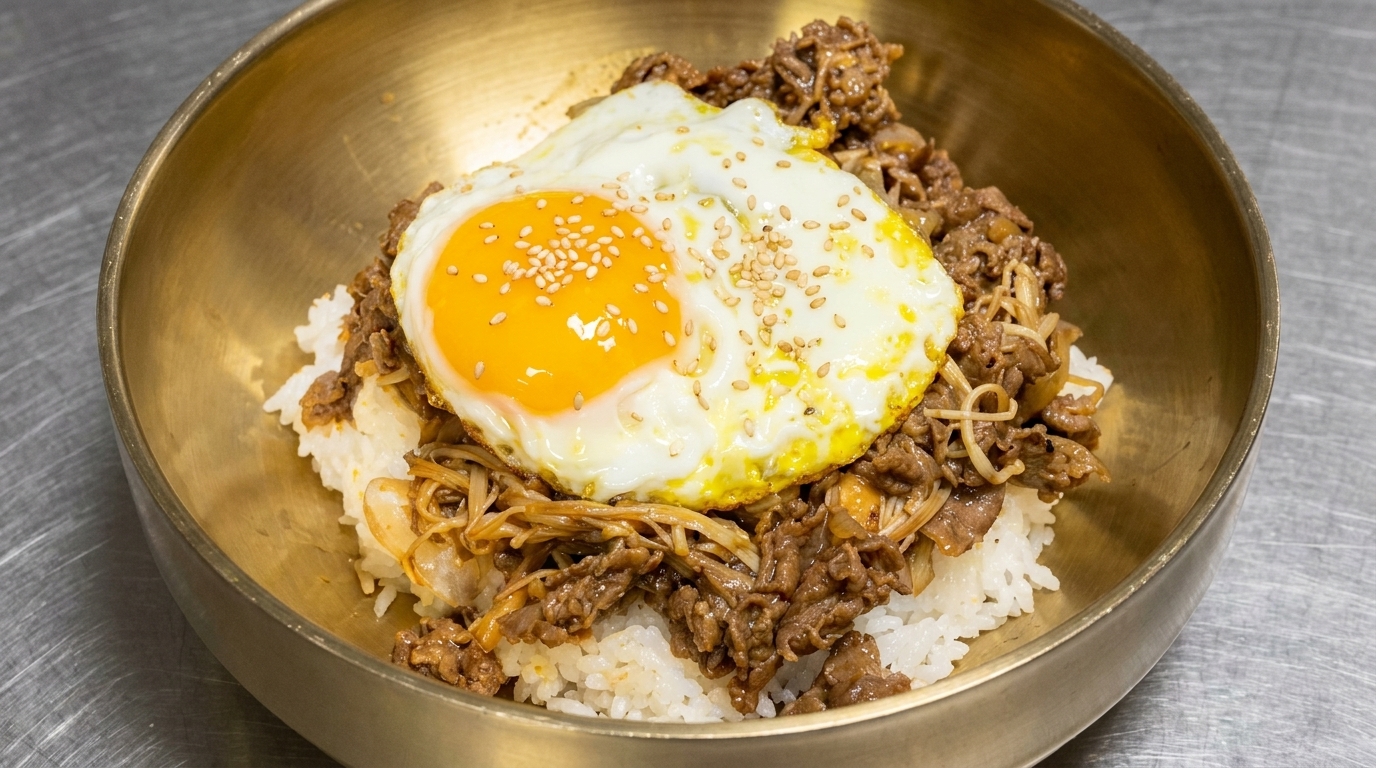 놋그릇에 담긴 불고기 덮밥 위에 계란 프라이와 깨를 올려 정갈하게 완성한 모습입니다.