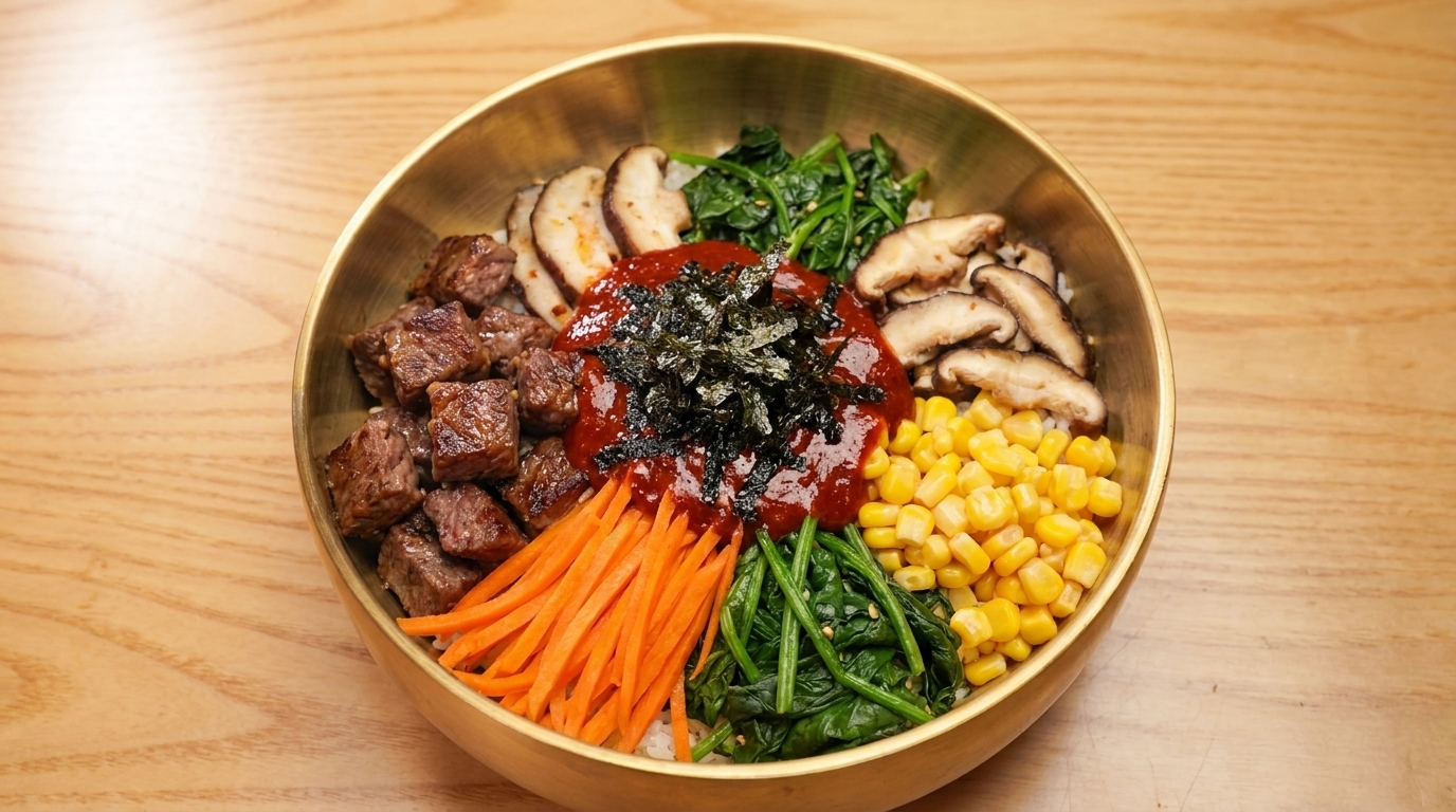소고기 비빔밥과 매콤한 오징어 볶음