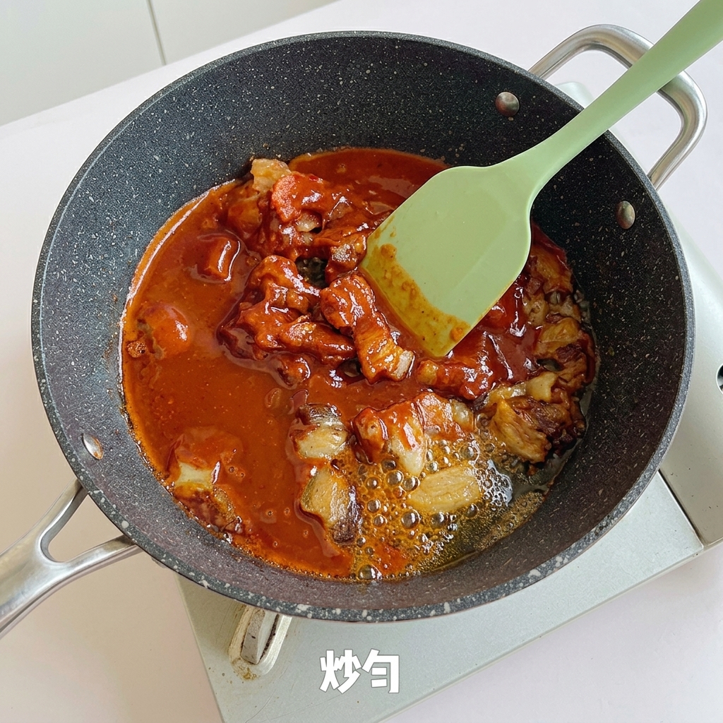 팬에서 삼겹살, 김치, 소스를 주걱으로 볶는 모습.