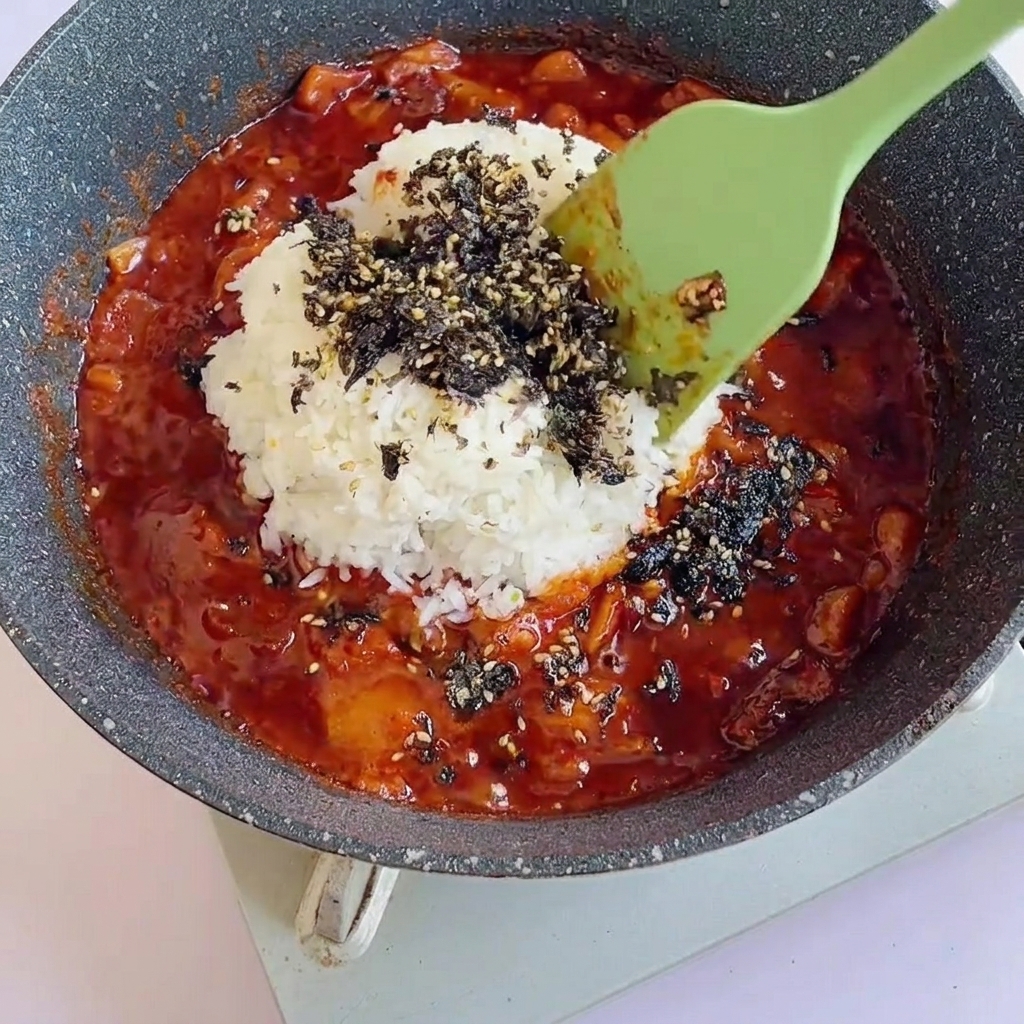 주걱으로 밥을 팬에 넓게 펴서 볶는 모습.