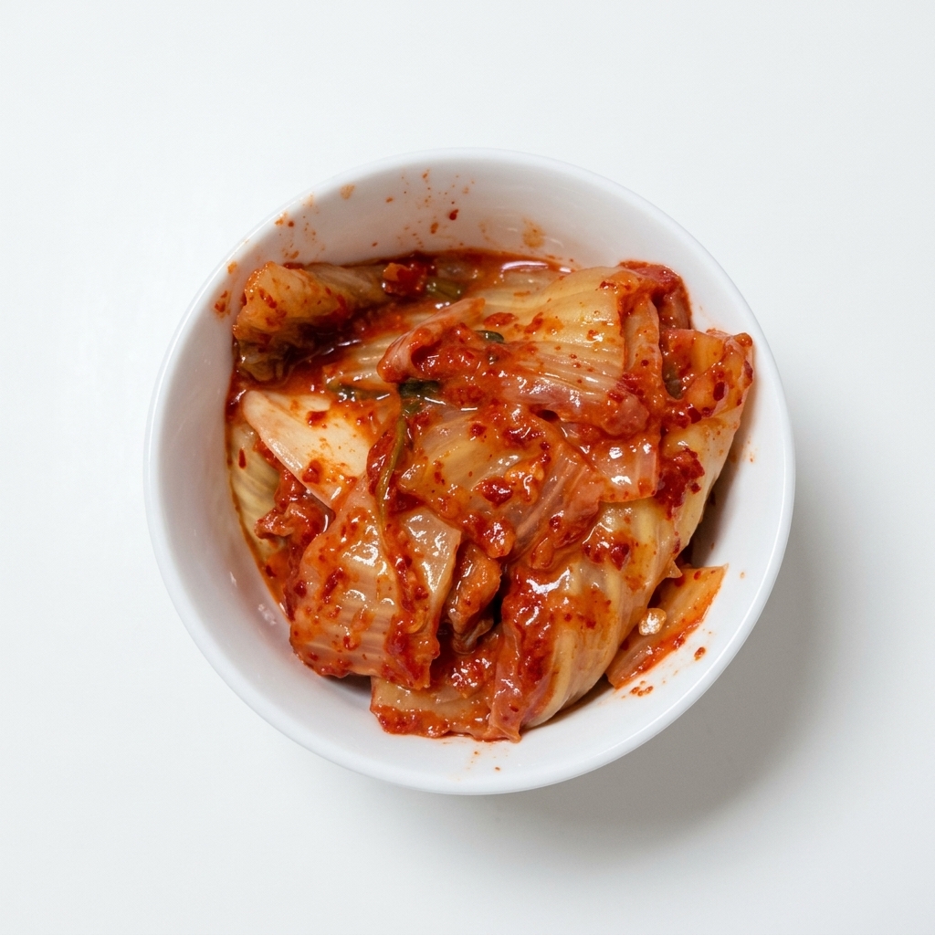 흰 그릇에 담긴 붉은 김치를 주방 가위로 자르는 모습.