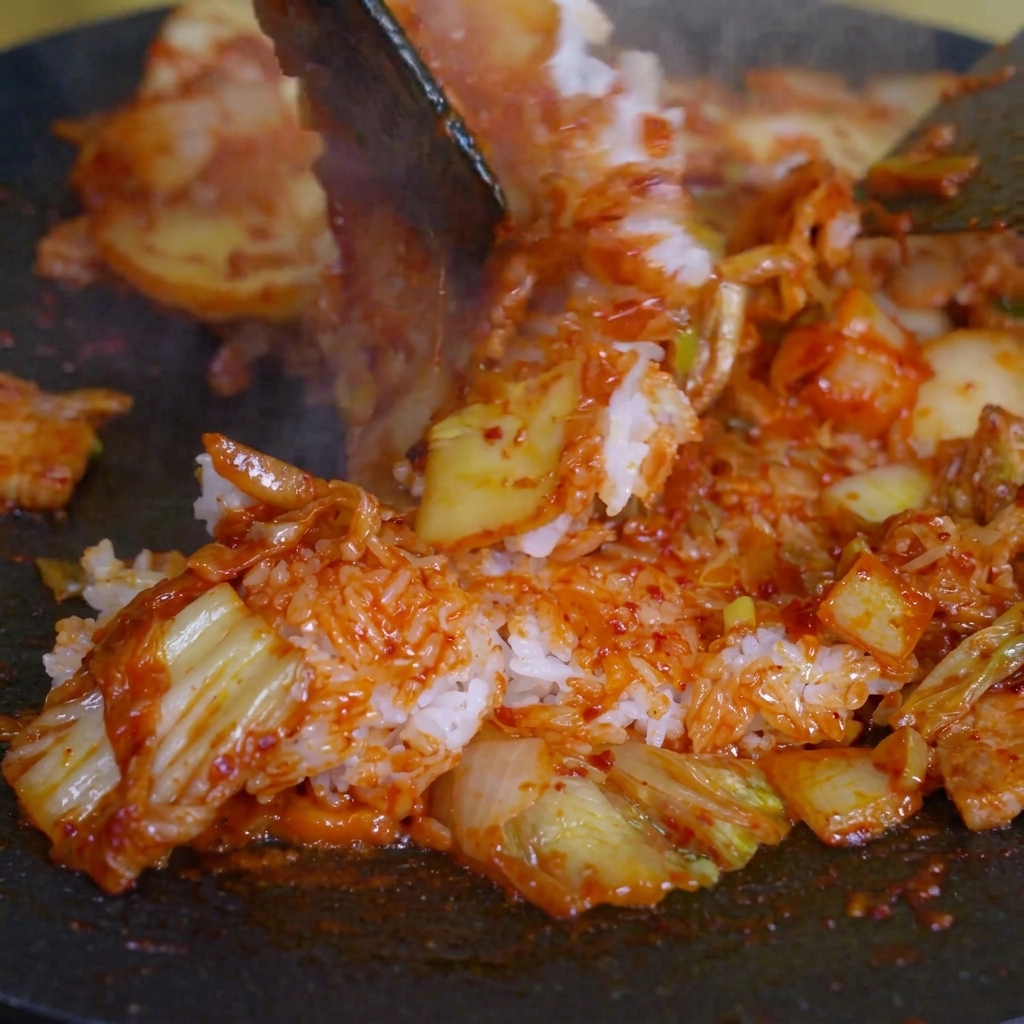 주걱 두 개를 이용해 밥과 김치를 섞는 모습.