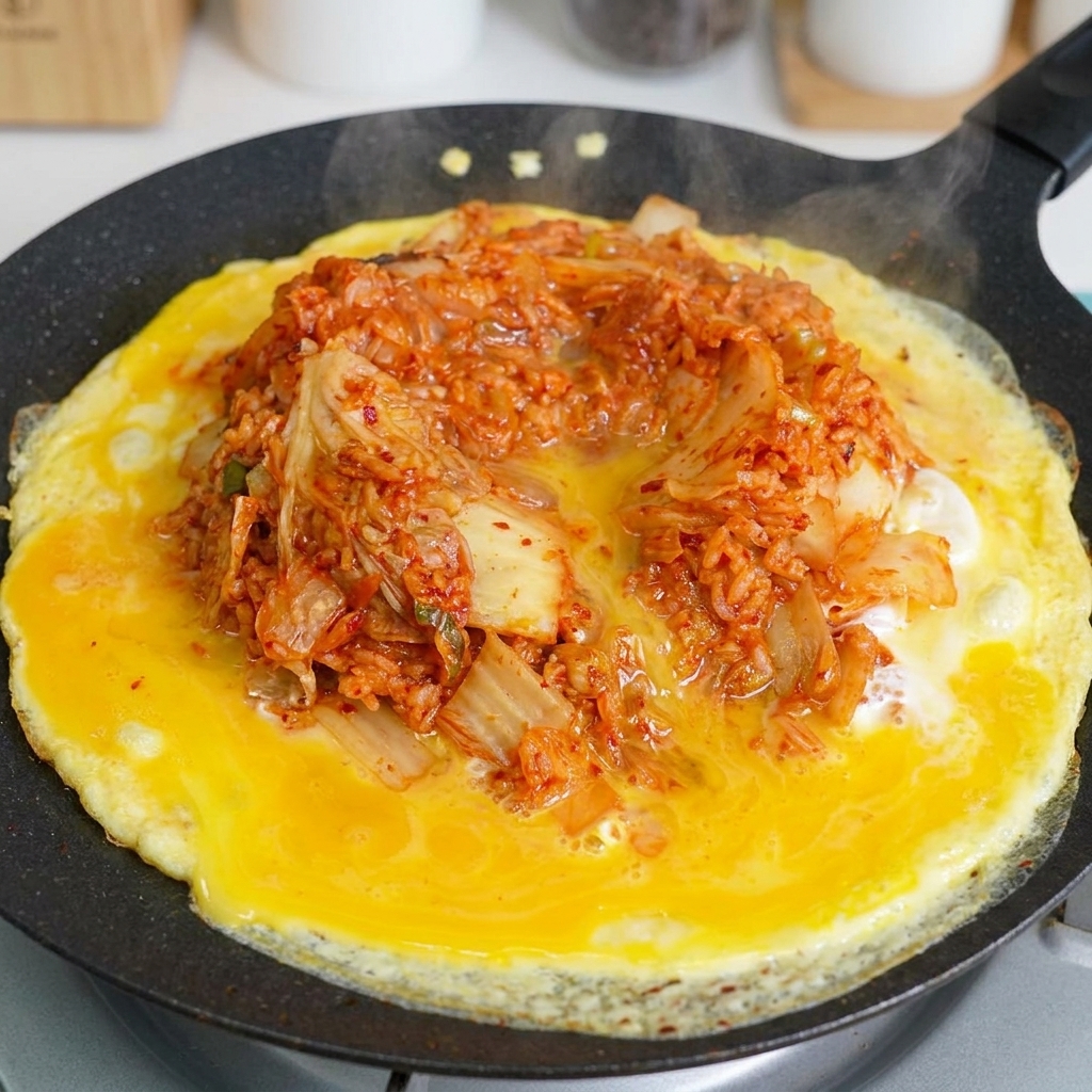 볶음밥과 계란이 섞이는 모습.