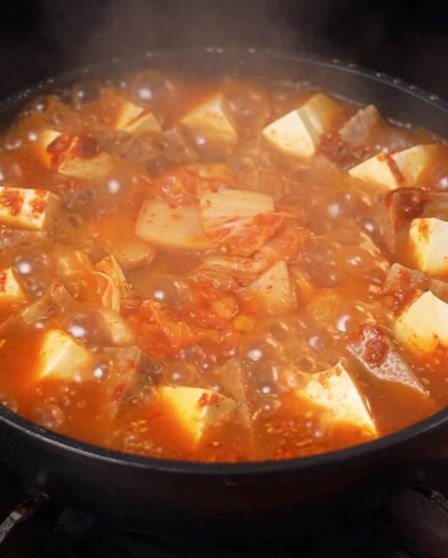 보글보글 끓는 붉은 부대찌개 위에 얇게 썬 청고추를 올리는 클로즈업 사진.
