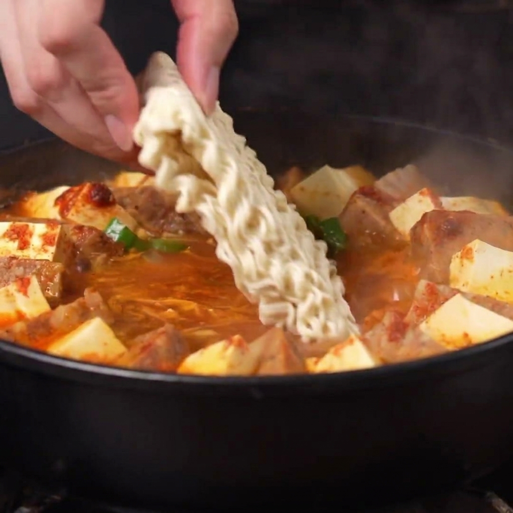 매콤한 붉은 국물이 끓고 있는 채식 부대찌개 정중앙에 라면 사리를 넣는 모습.