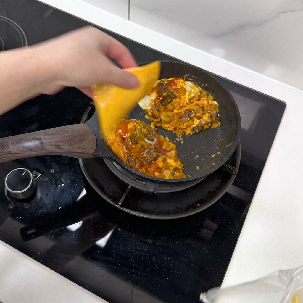 팬에서 익어가는 소고기 달걀 패티 두 개 위에 각각 올려진 체다 치즈 슬라이스.