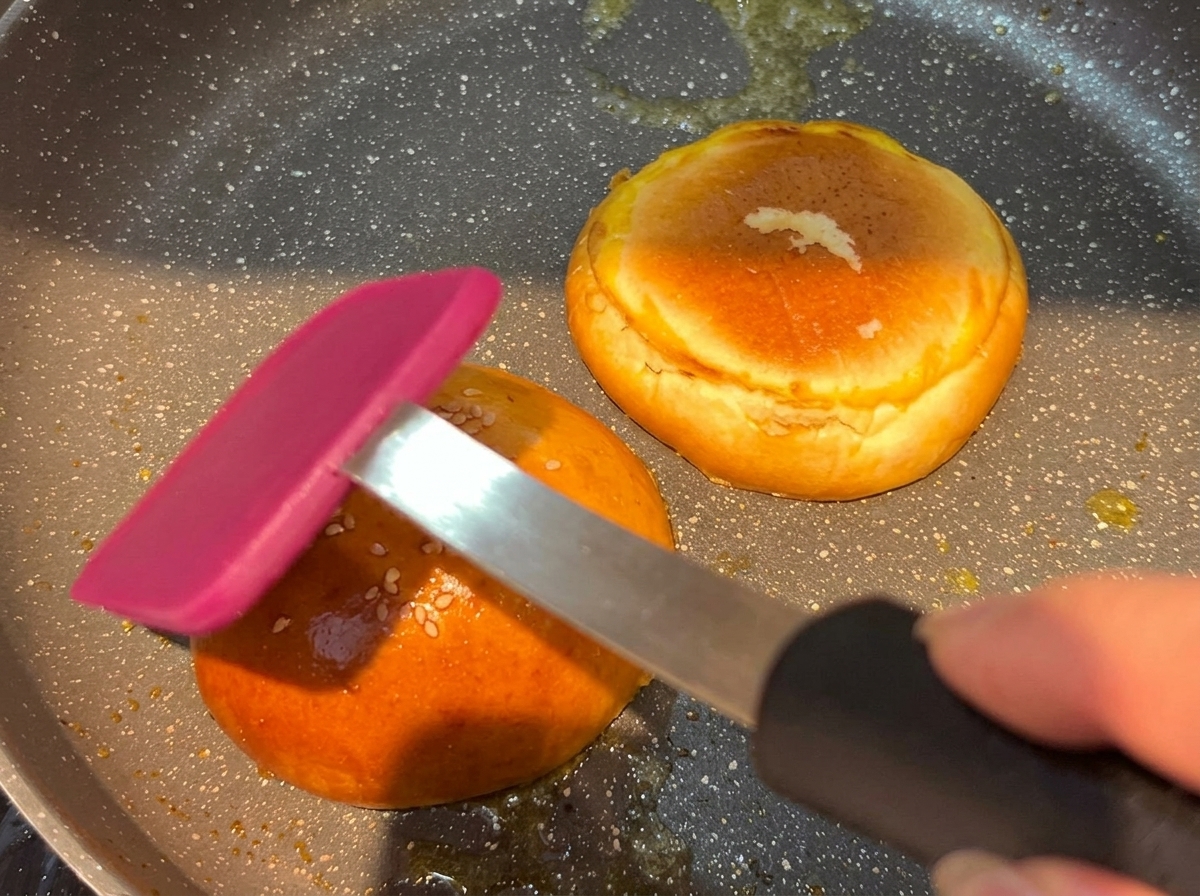 뜨거운 팬에서 표면이 노릇하고 바삭하게 시어링되며 육즙을 머금고 있는 소고기 패티.