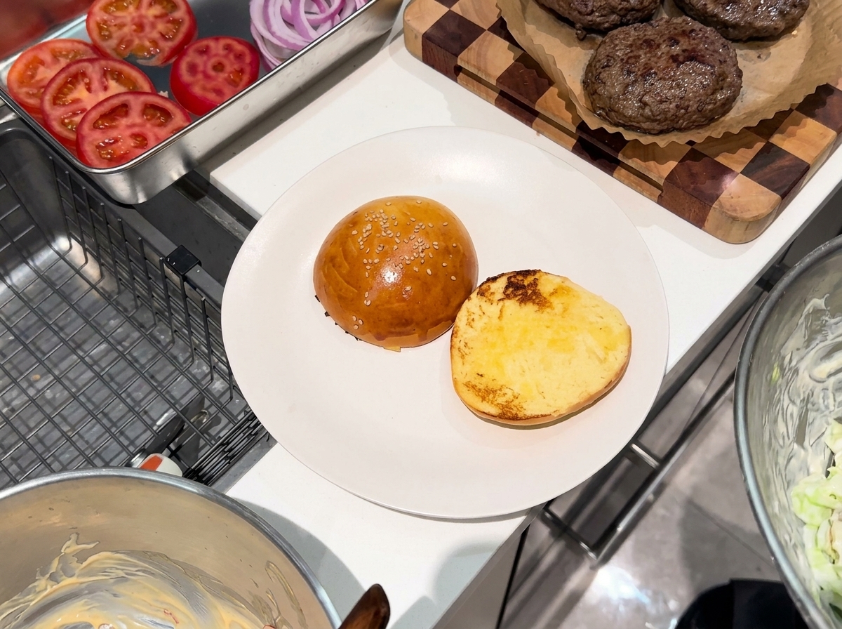 신선한 양상추 샐러드, 소고기 패티, 토마토 슬라이스, 매콤한 고추 소스가 조화롭게 쌓인 최종 완성 버거.