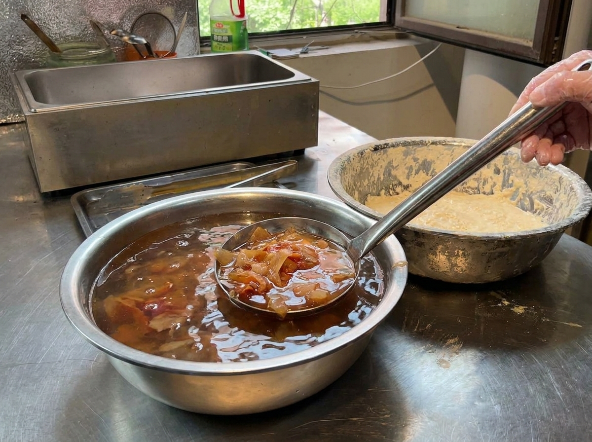 철망 뜰채를 사용하여 마리네이드된 닭고기를 액체 볼에서 건져내는 모습