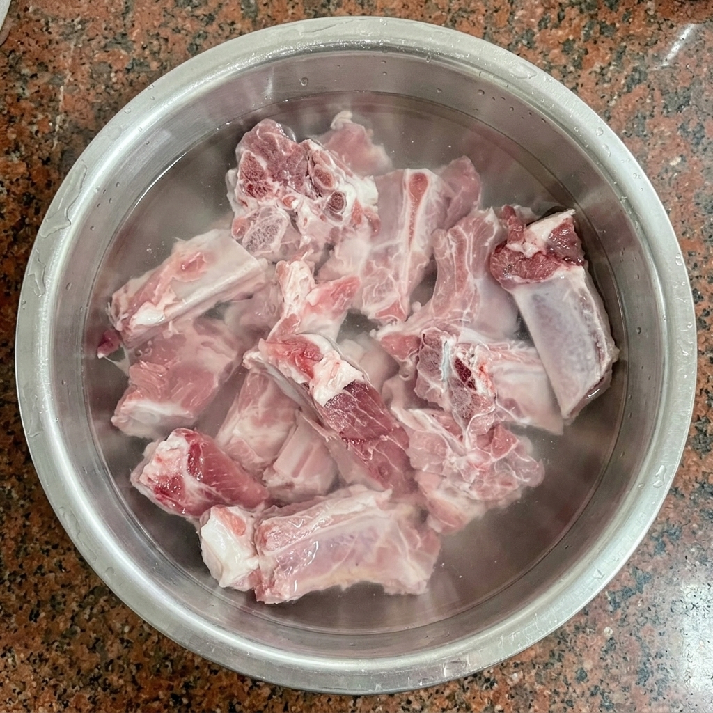 스테인리스 볼에 찬물을 담아 돼지갈비 핏물을 빼는 모습.