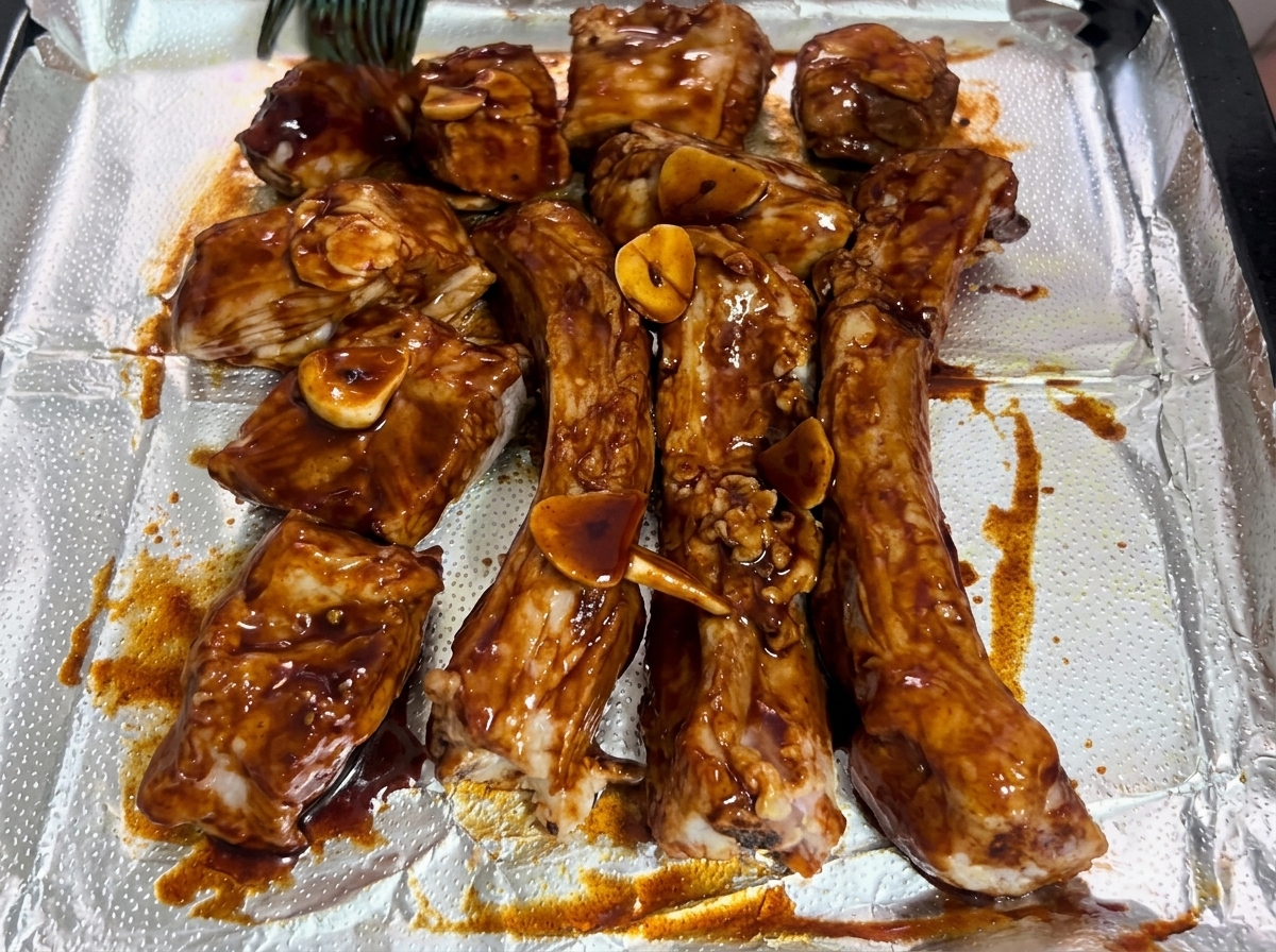 실리콘 붓으로 갈비에 양념을 골고루 펴 바르는 모습.