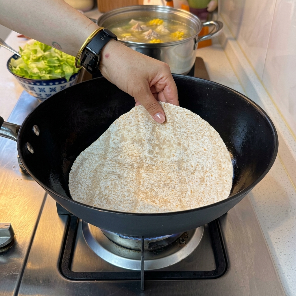 팬 위에 올려진 또띠아와 그 위를 덮은 치즈.