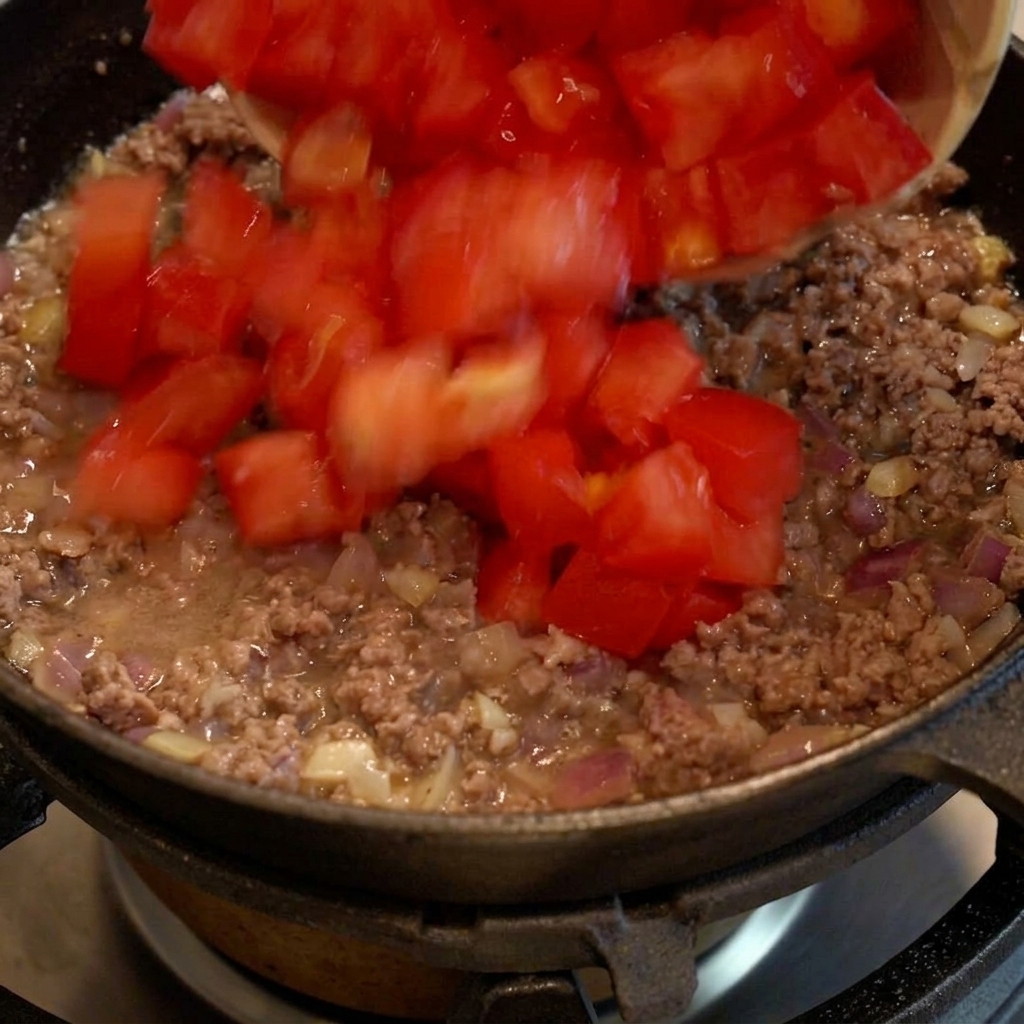 잘 볶아진 소고기에 다진 토마토를 섞어 육즙이 풍부하고 촉촉해진 모습.