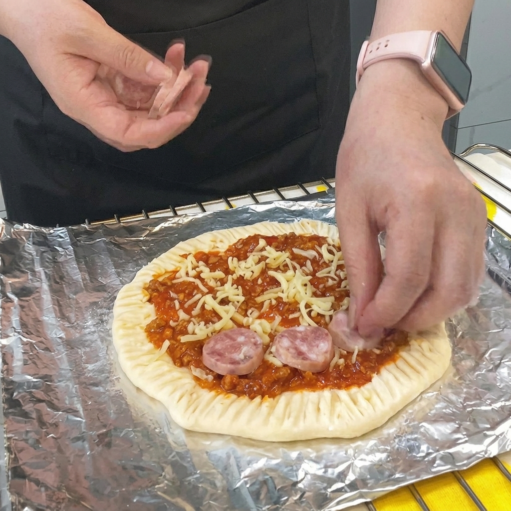 슬라이스한 소시지를 치즈 층 위에 원형으로 배치하는 모습.