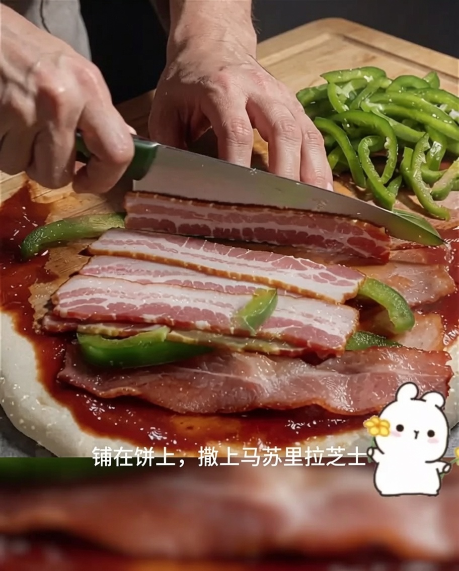 베이컨, 피망, 양파가 토핑된 피자 베이스 위에 잘게 썬 모차렐라 치즈를 듬뿍 얹고 있는 모습.