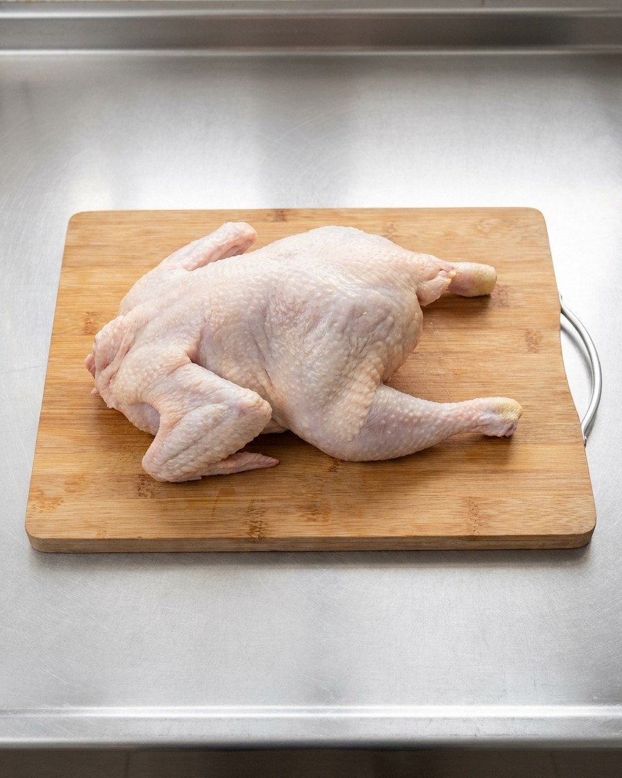 조각으로 잘릴 준비가 된 생닭이 나무 도마 위에 놓여 있는 모습.