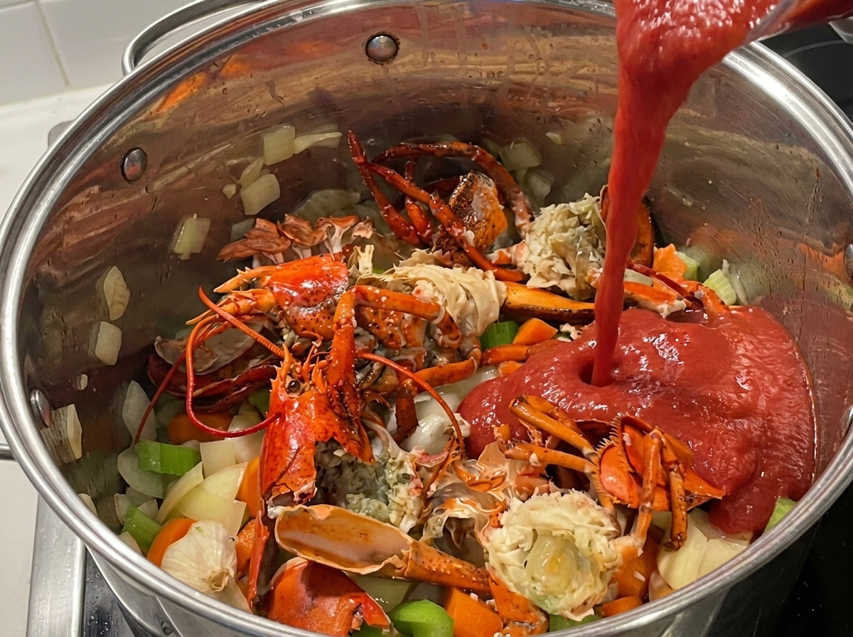 냄비에 토마토 퓨레를 넣는 모습