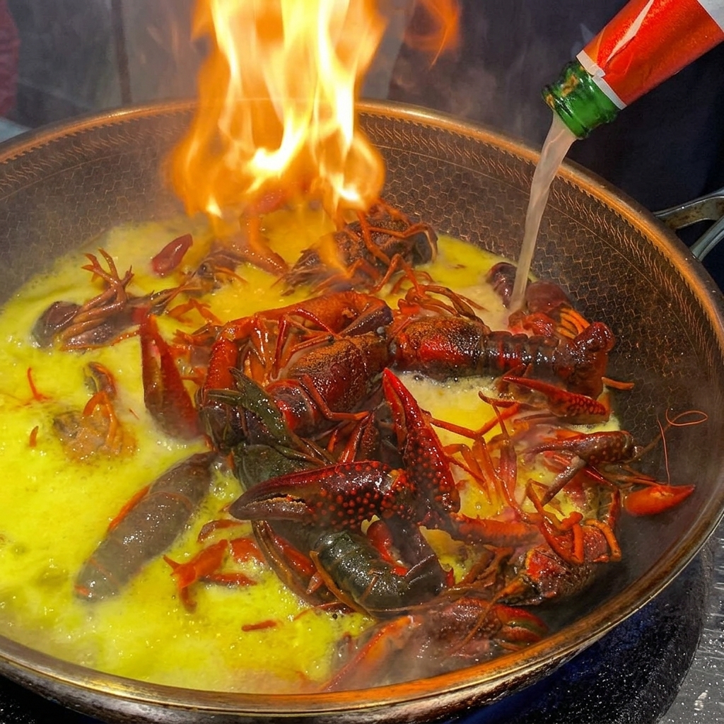 가재가 가득 담긴 뜨거운 웍에 초록색 병의 맥주가 부어지는 모습.