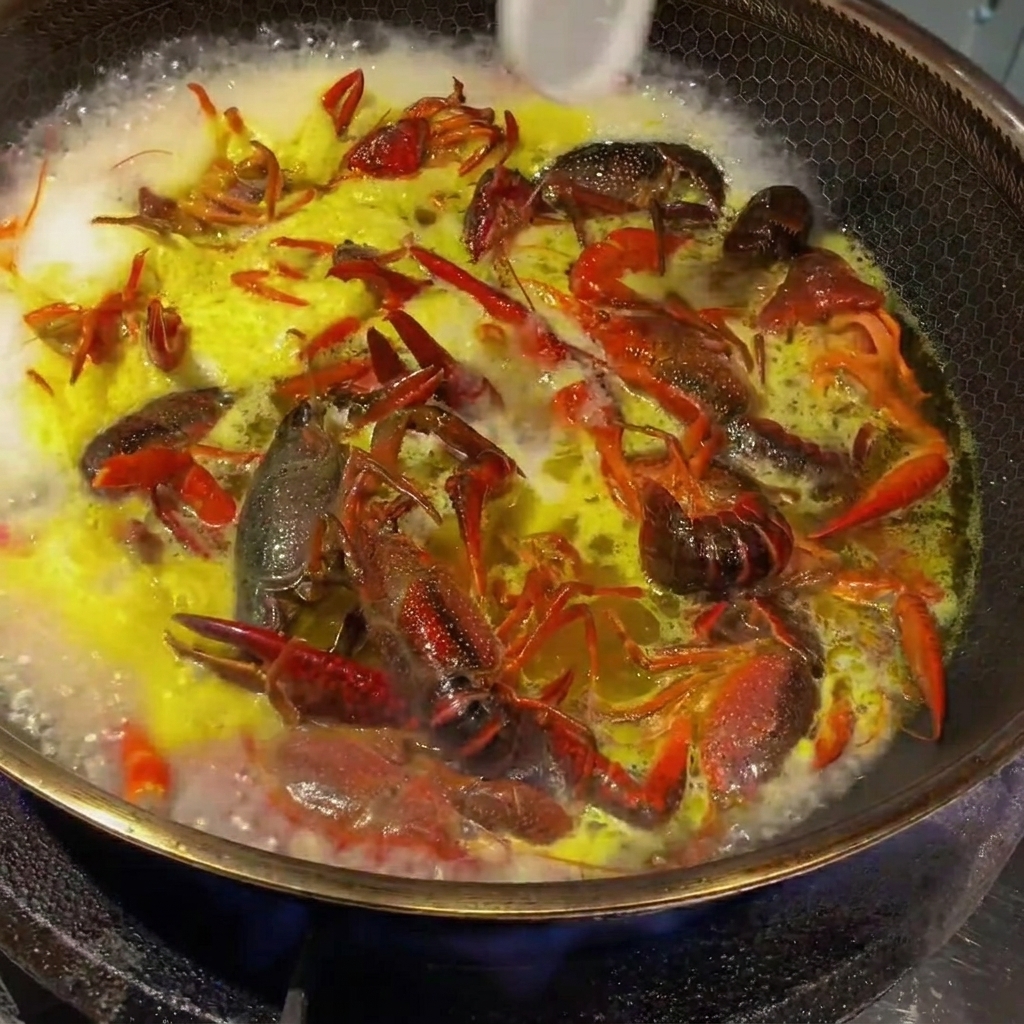 보글보글 끓고 있는 가재 육수에 소금과 설탕을 한 숟가락씩 넣는 모습.