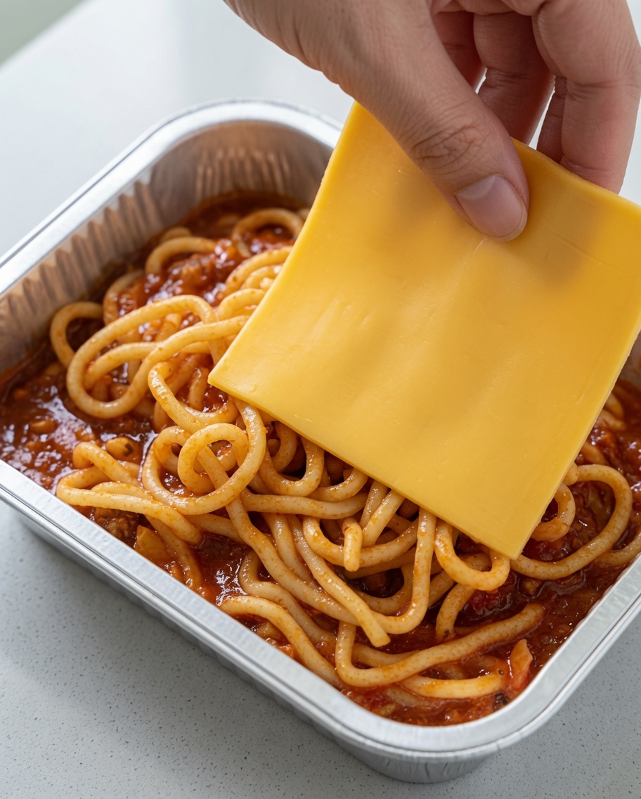 토마토 소스에 버무려진 스파게티 위에 정사각형 체다 치즈 두 장이 가지런히 놓인 모습.