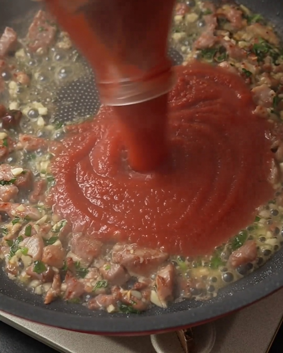 볶은 재료에 토마토소스를 붓는 모습.