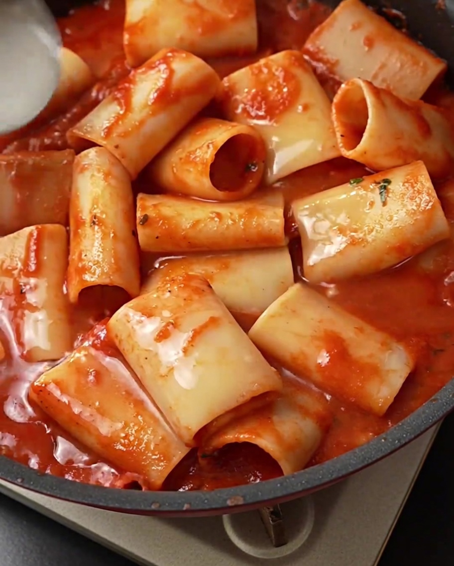 국자로 면수를 팬에 붓는 모습.