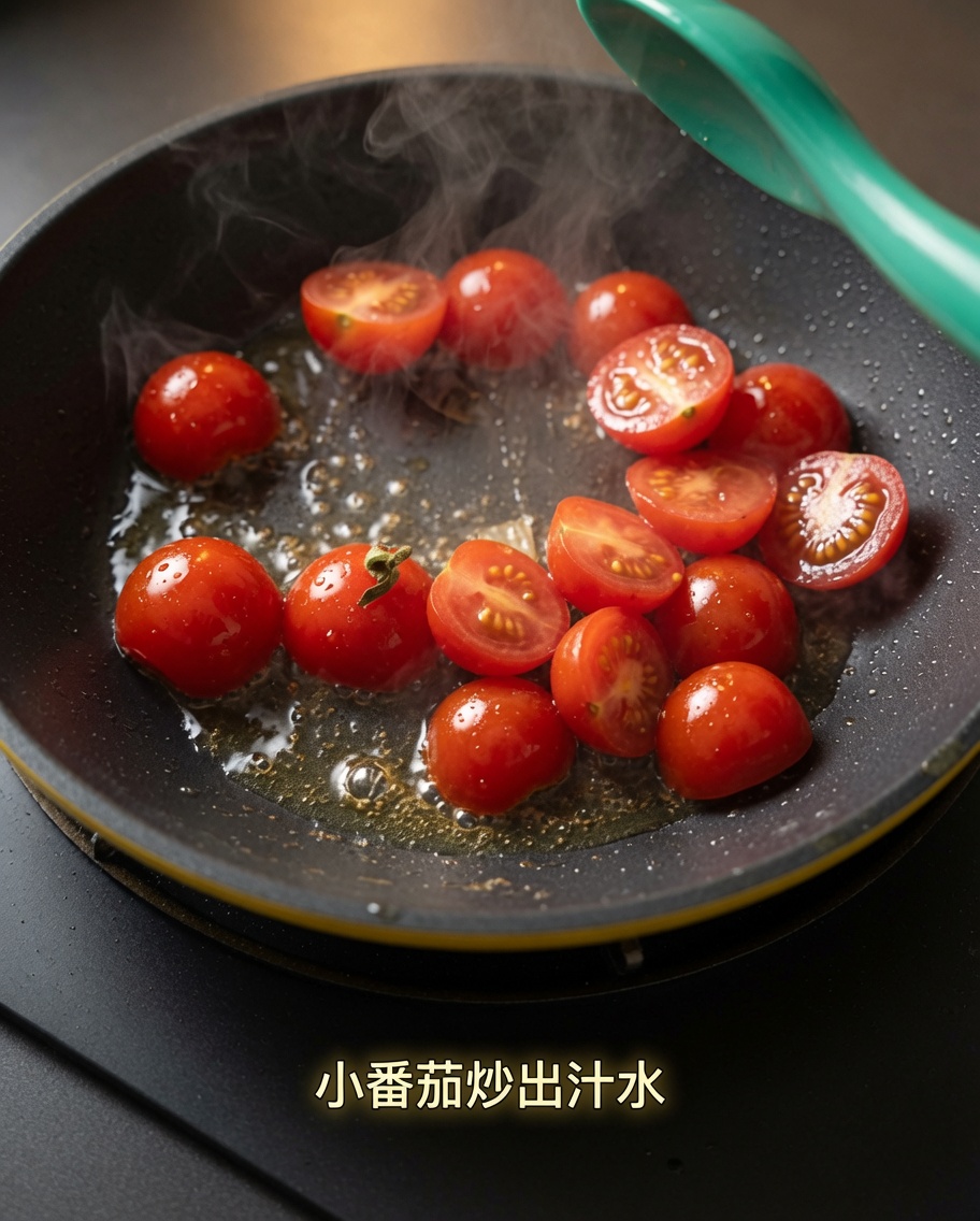 팬에서 반으로 자른 방울토마토가 익으며 즙이 나오는 모습.