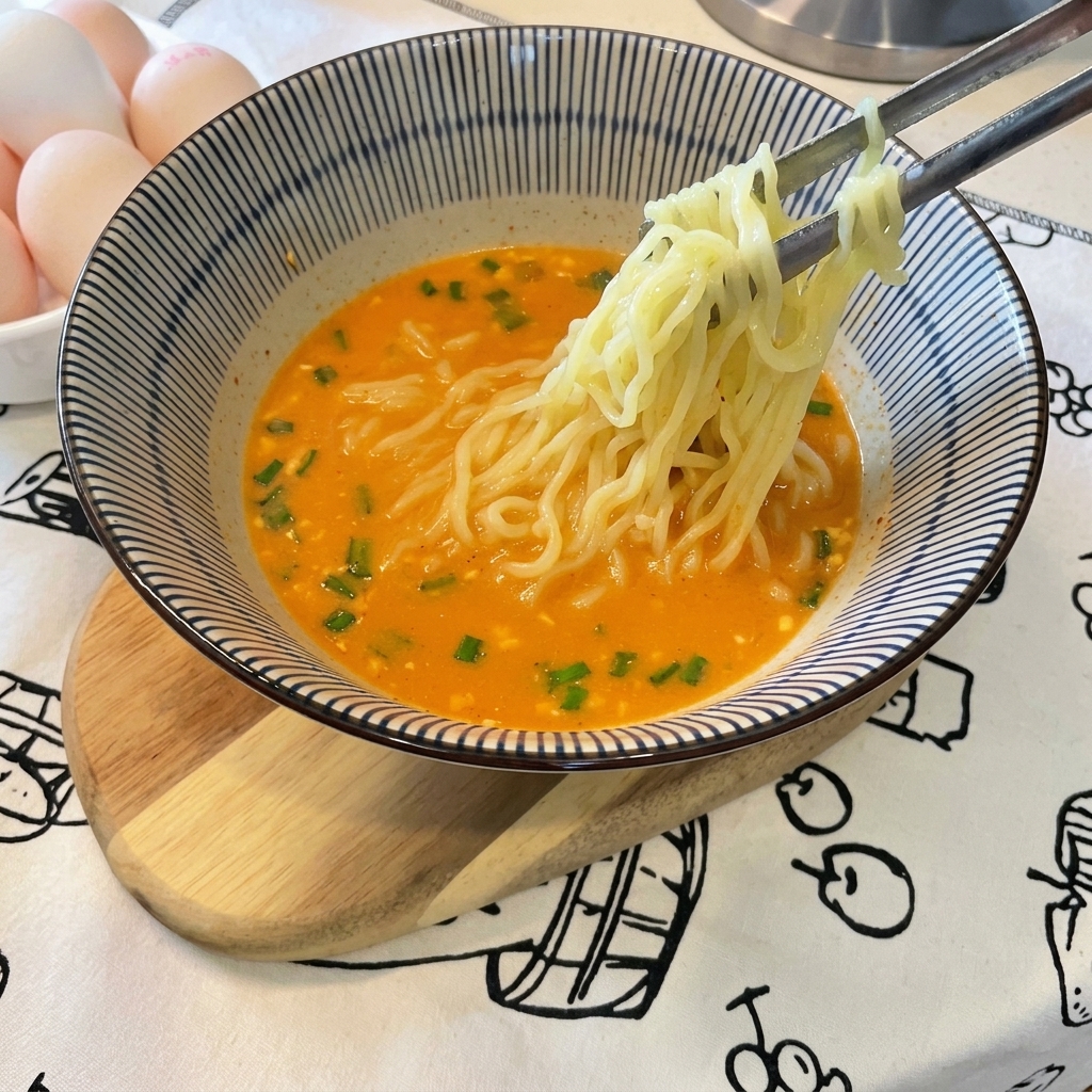반숙란, 자른 김, 썬 파가 고명으로 올라간 완성된 라면 한 그릇.