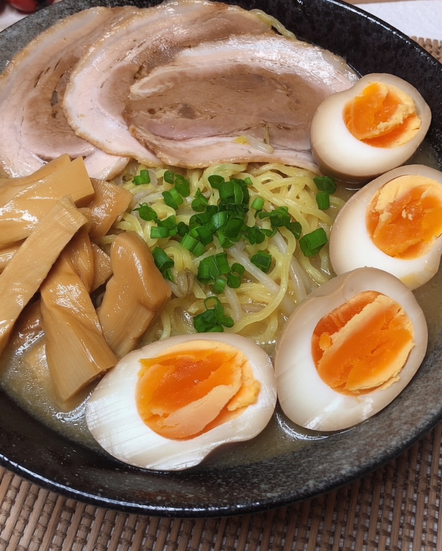 완성된 라멘 위에 파를 뿌리고 뜨거운 육수를 붓는 모습.