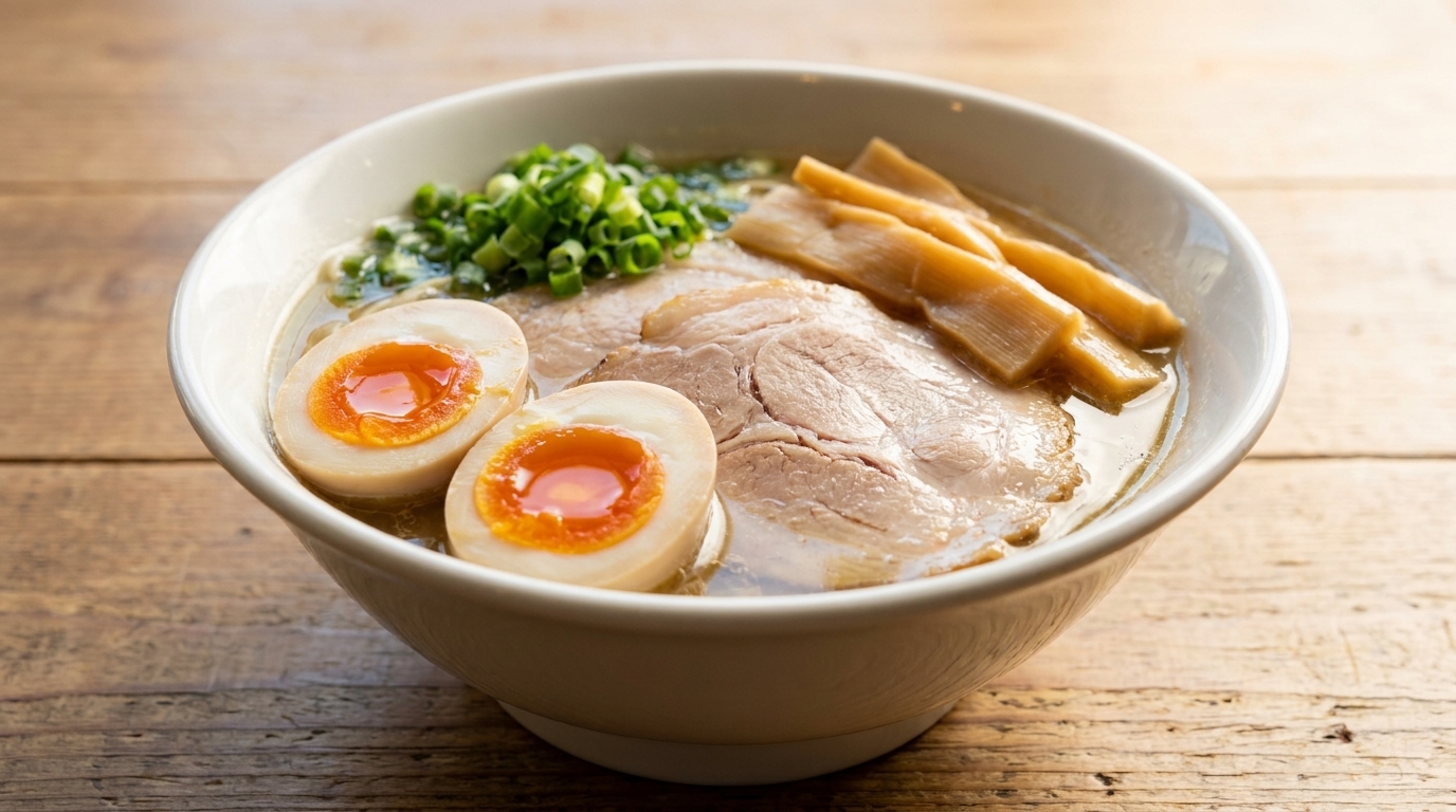 반으로 잘린 완벽한 반숙 계란이 토핑된 라멘과 차슈, 죽순, 대파가 담긴 그릇.