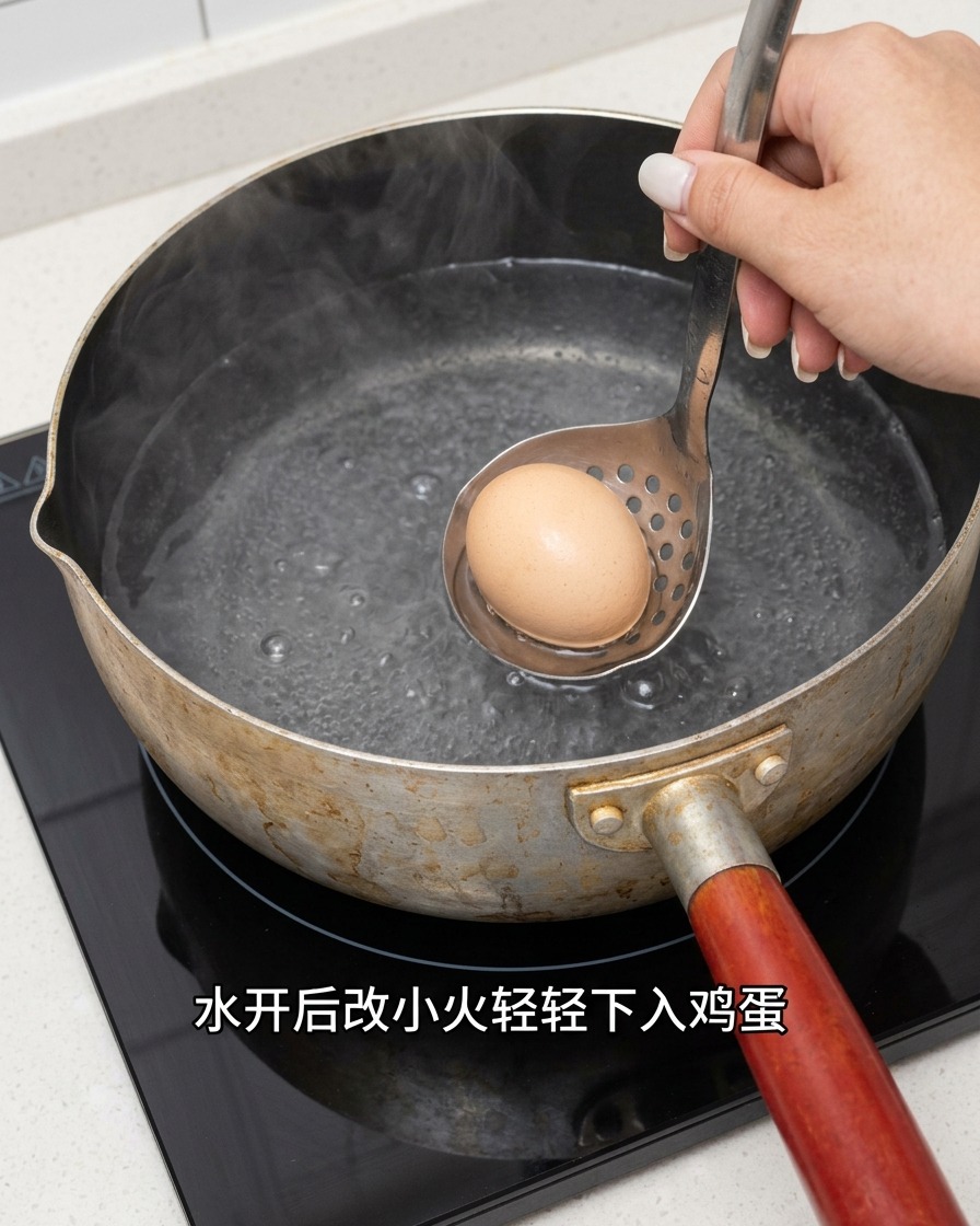 냄비 속 끓는 물에 구멍 뚫린 국자로 달걀을 조심스럽게 넣는 모습.