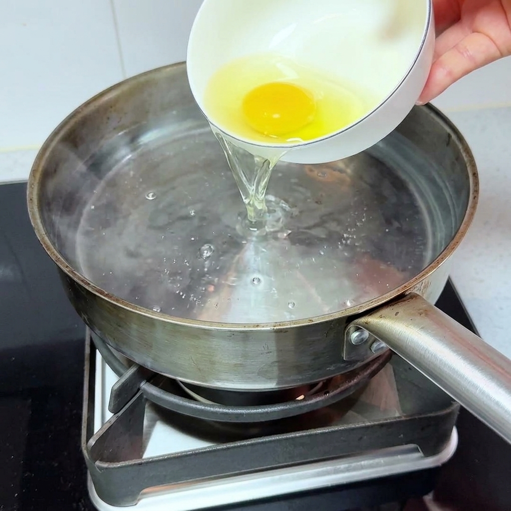 달걀과 물을 끓는 스테인리스 냄비에 붓는 모습.
