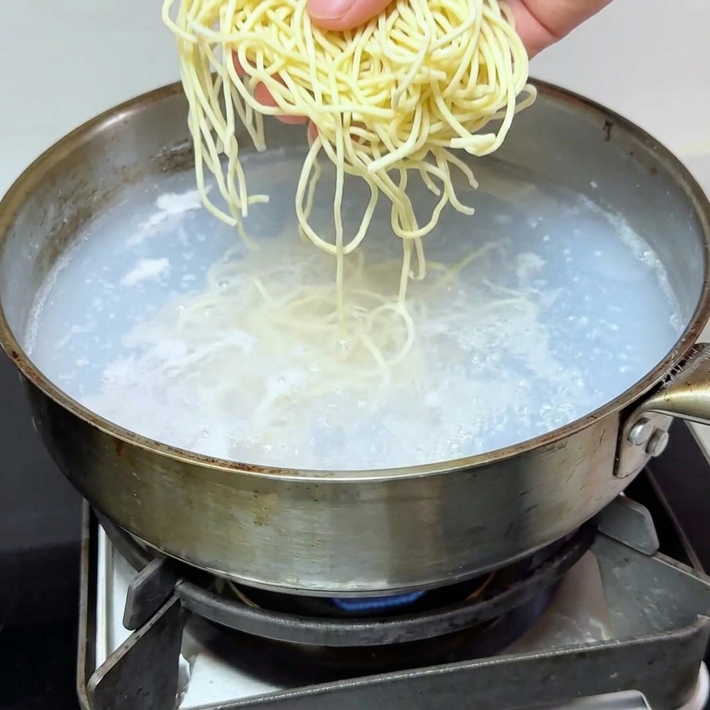 끓는 물에 국수를 넣는 모습.