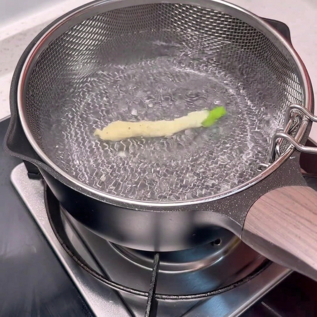 반죽을 입힌 녹두콩 한 가닥이 끓는 물 위로 떠오르는 모습.