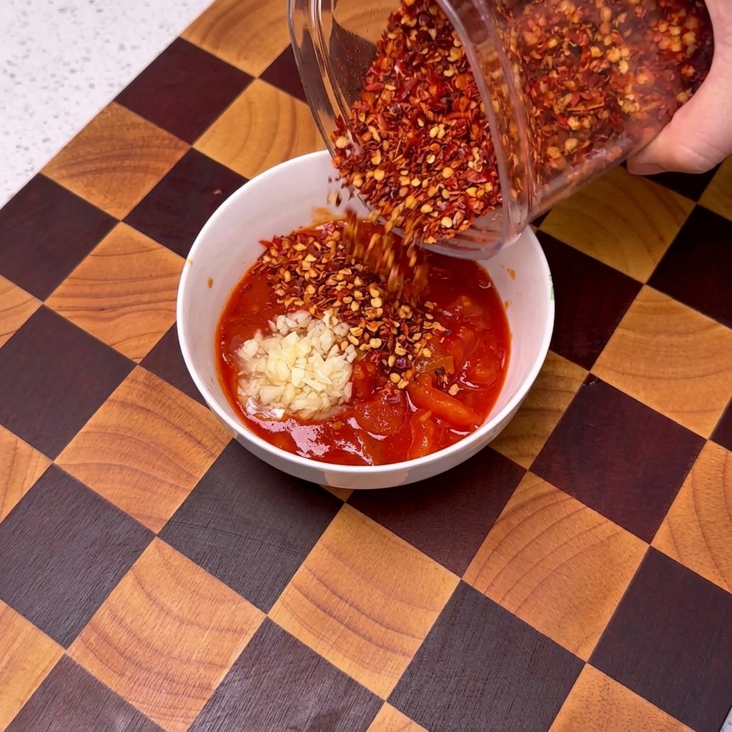 조리된 토마토 소스가 담긴 그릇 위에 다진 마늘, 고춧가루, 참깨, 설탕을 올리는 모습.