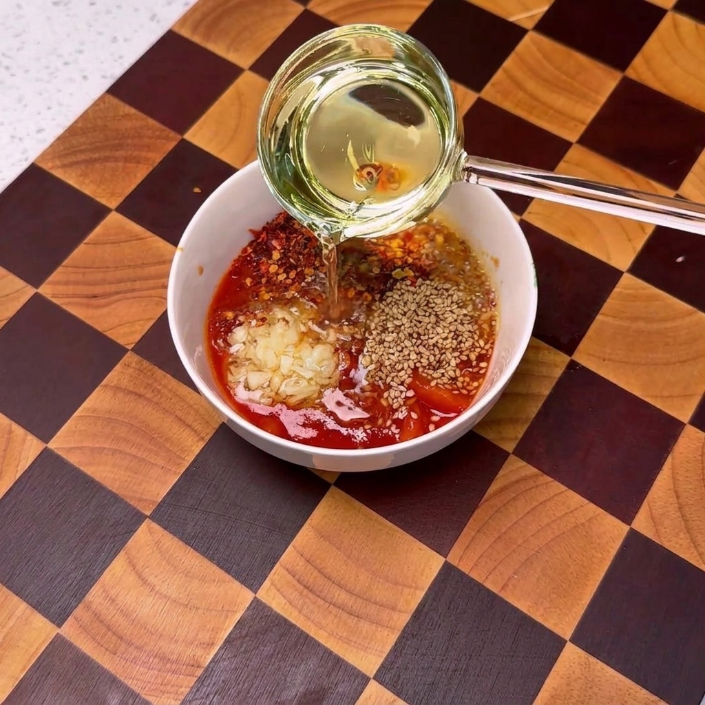 끓는 기름을 양념이 올려진 토마토 소스 위로 부어 치익 소리와 함께 향을 내는 모습.