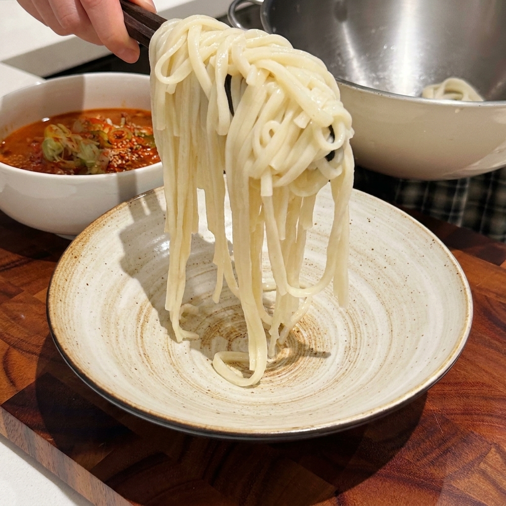 삶은 우동 면을 집게로 집어 그릇에 옮겨 담는 모습.