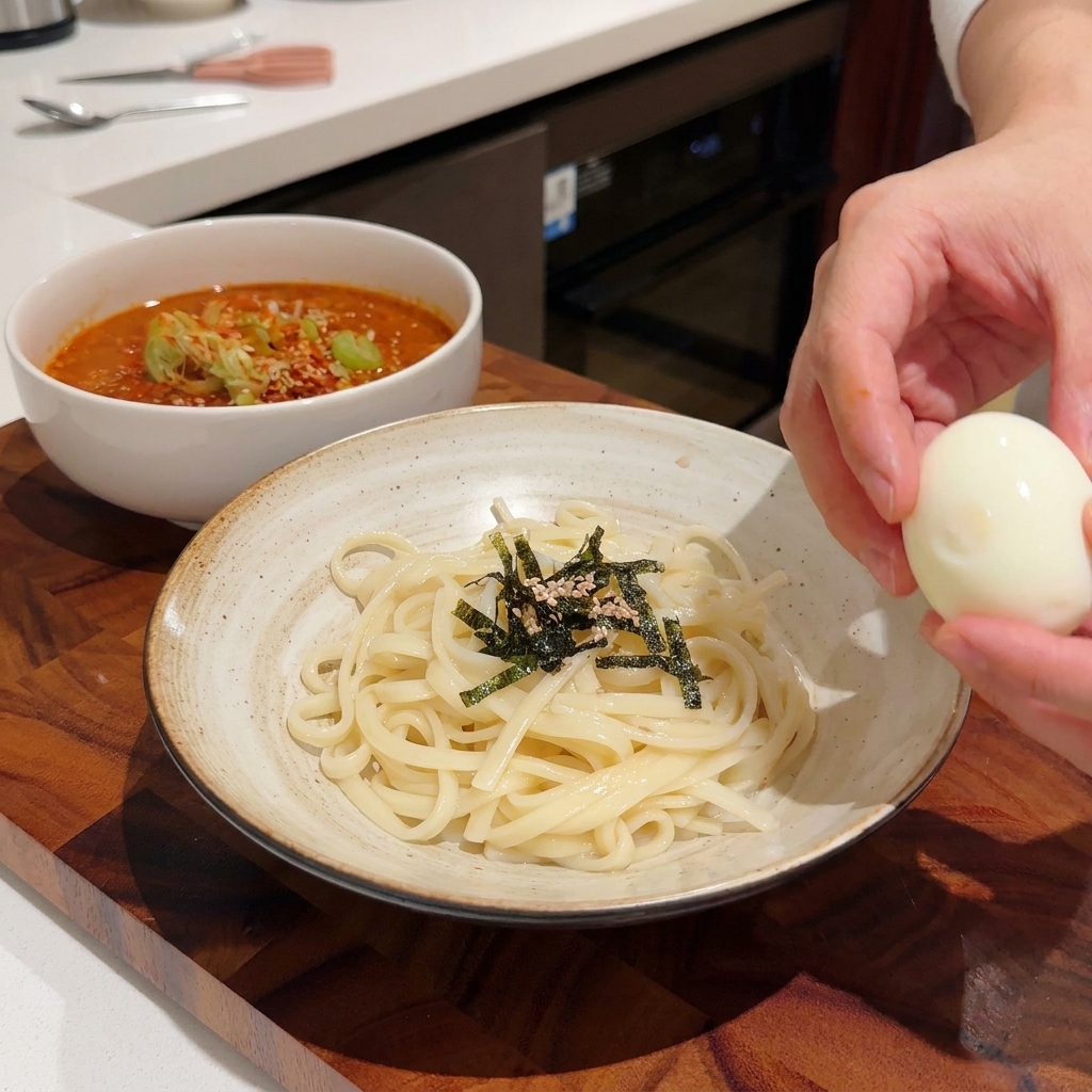 우동 면 위에 반숙 계란을 올리는 모습.