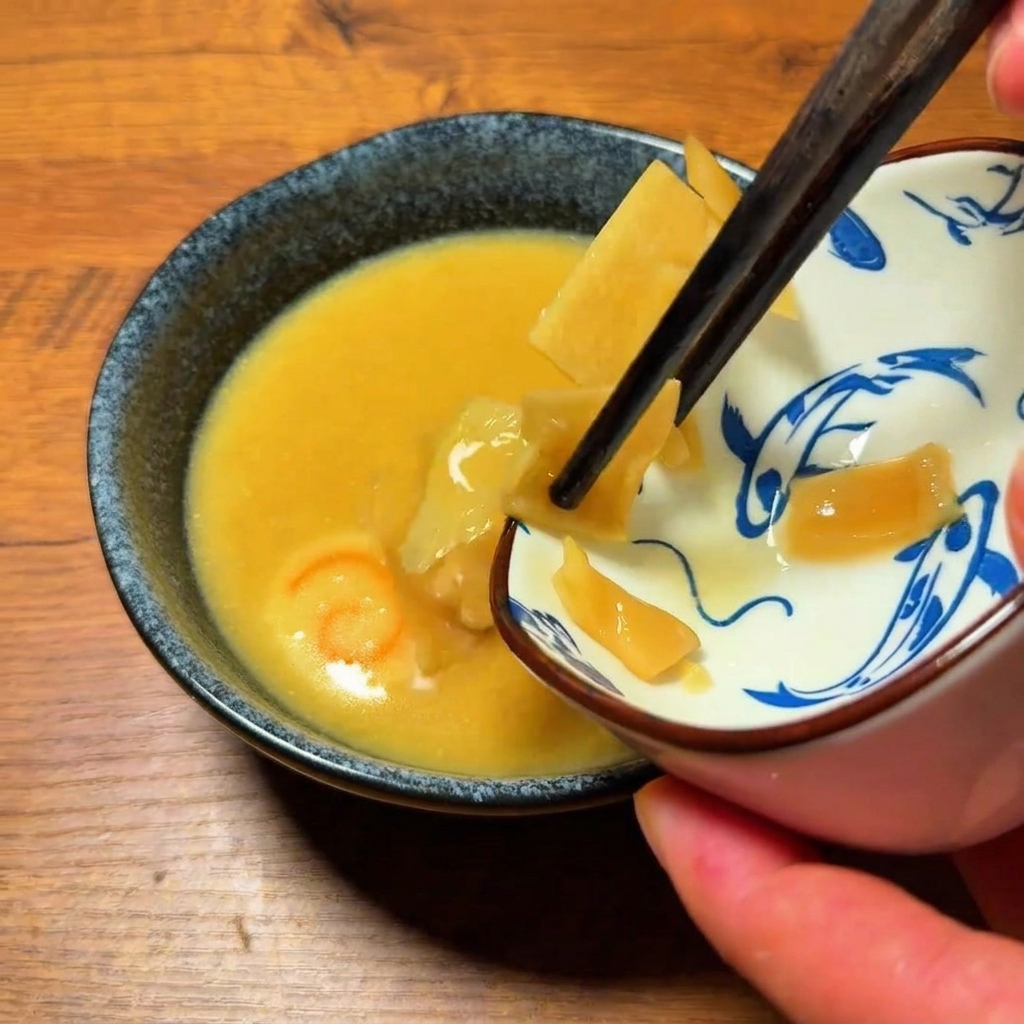 완성된 찍먹 육수에 죽순, 대파, 향미유를 넣어 마무리하는 모습.
