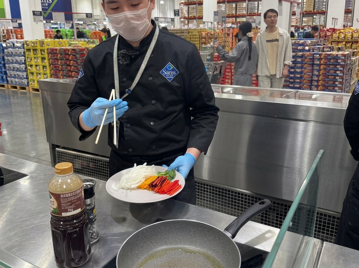 뜨거운 팬에 다채로운 파프리카, 양파, 미니 브로콜리를 볶는 모습