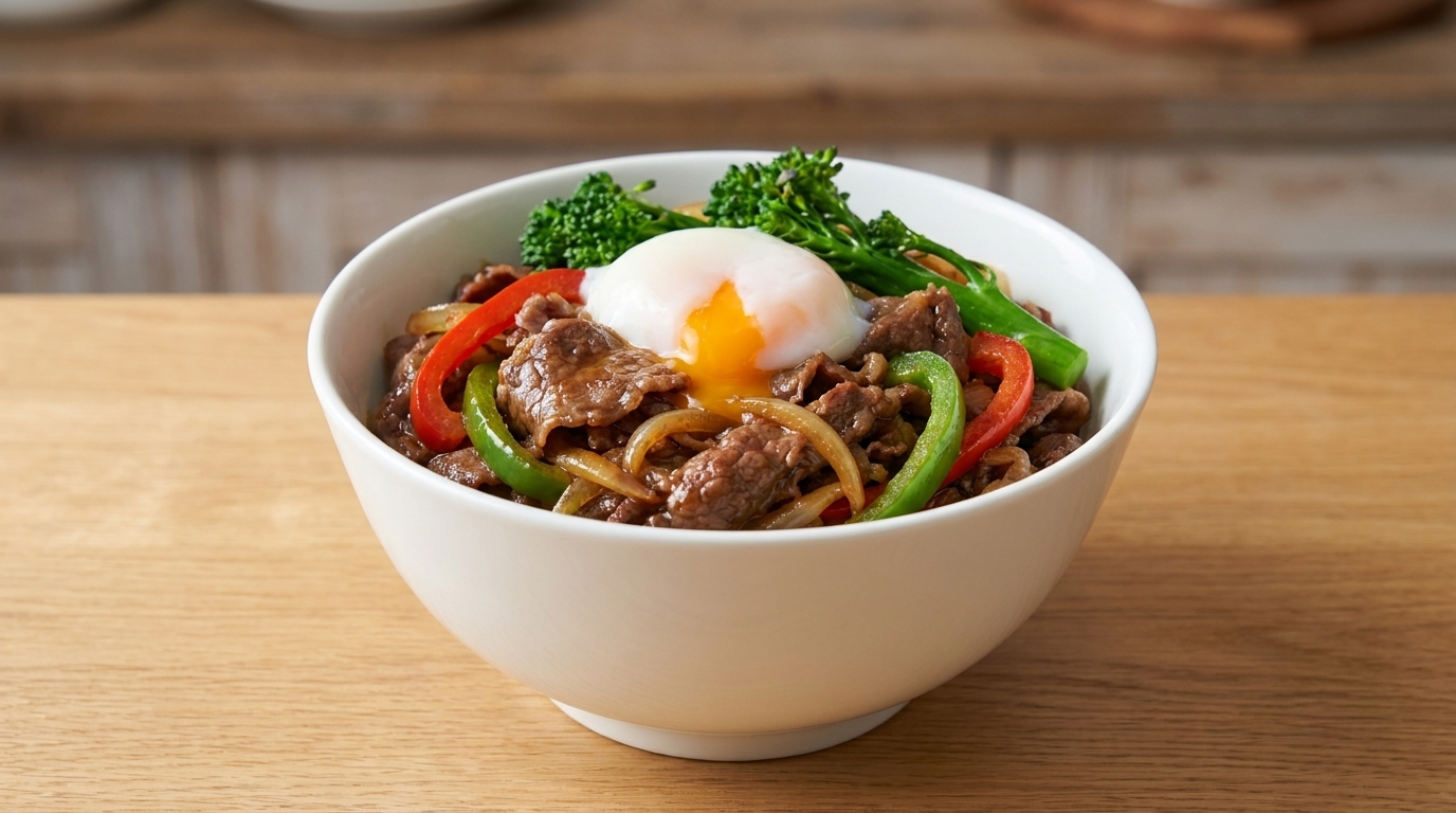 부드러운 우삼겹 볶음과 채소, 반숙란이 예쁘게 올라간 먹음직스러운 일본식 소고기 덮밥입니다.