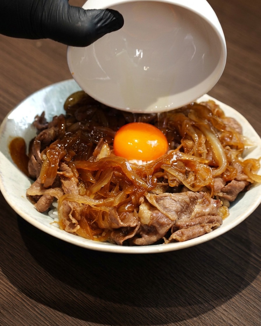 덮밥 중앙에 신선한 달걀노른자를 조심스럽게 올리는 모습.
