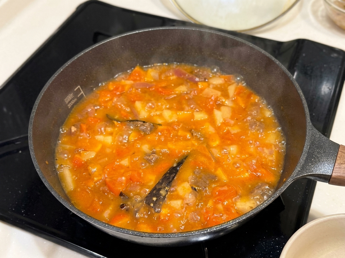 끓는 스튜에 카레 블록을 넣어 녹이는 모습.