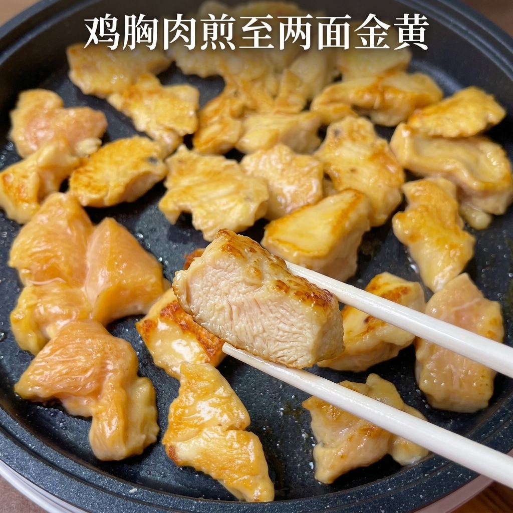 노릇하게 구워진 닭고기와 함께 얇게 썬 양파를 팬에서 볶는 모습.