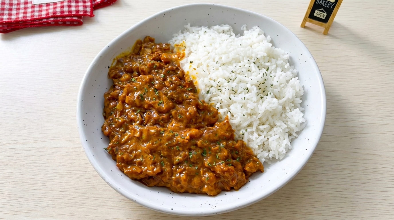 매콤하고 진한 다진 고기 카레 덮밥