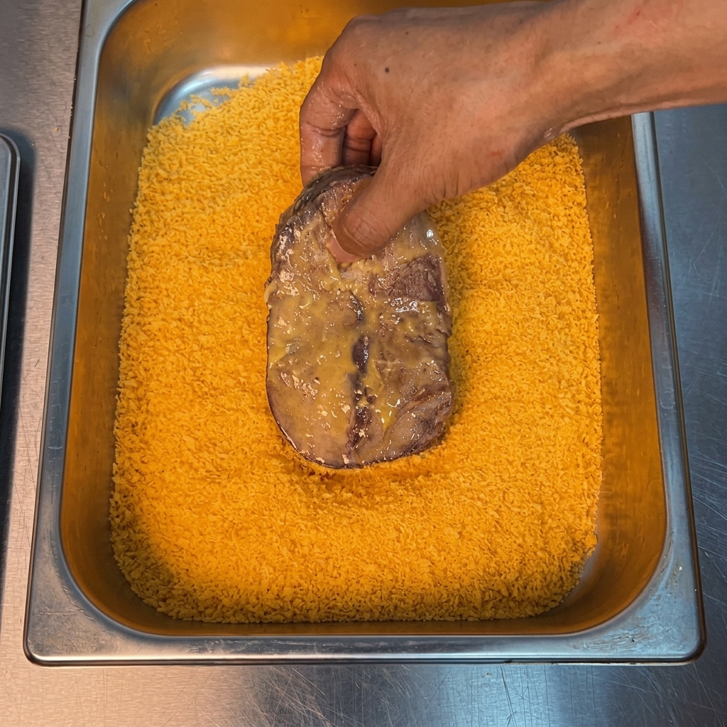 주황빛 판코 빵가루 위에 놓인 스테이크를 손으로 꾹꾹 누르는 모습.