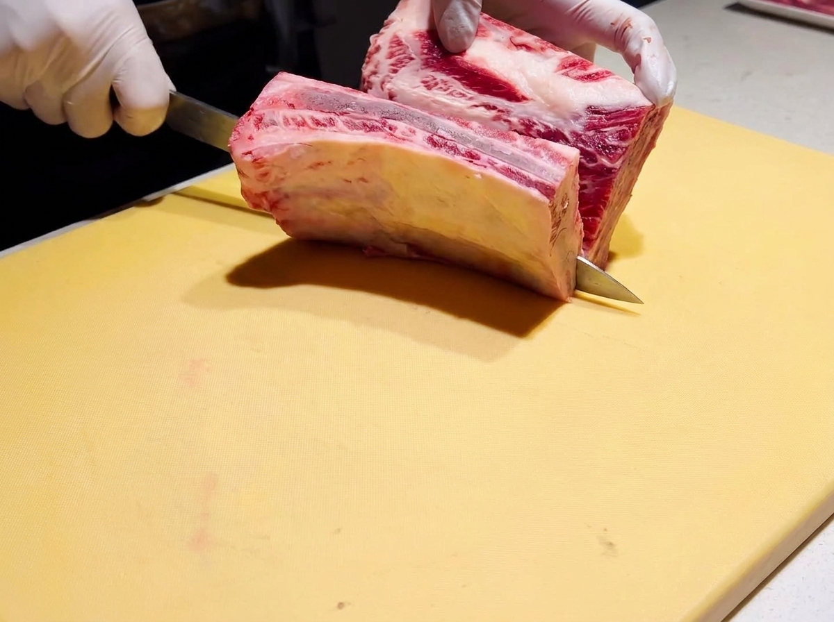 노란색 도마 위에서 셰프 나이프로 두툼한 소갈비를 포 뜨고 있는 모습.
