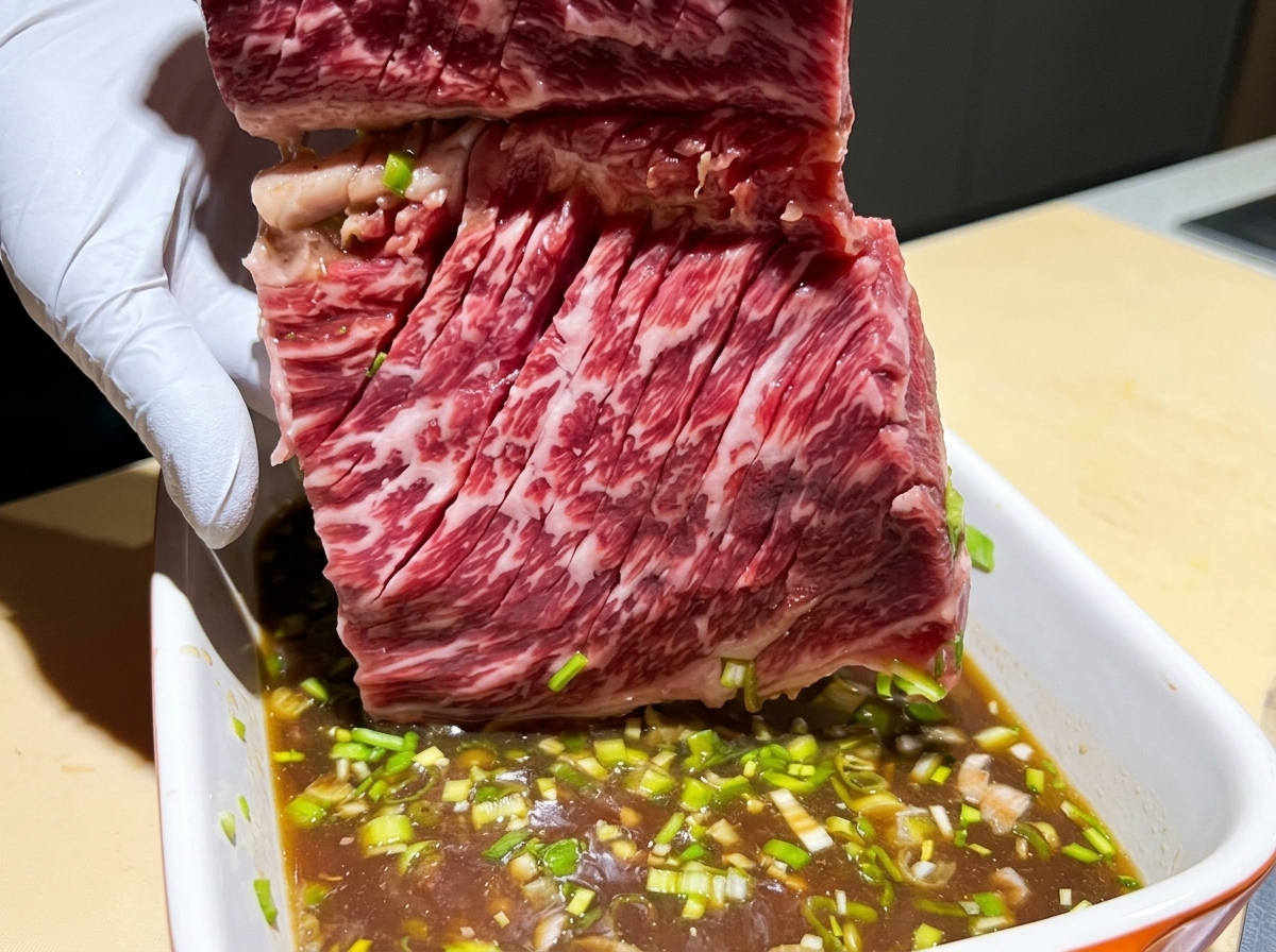 칼집을 낸 생갈비를 대파가 섞인 진한 양념 트레이에 넣고 있는 모습.