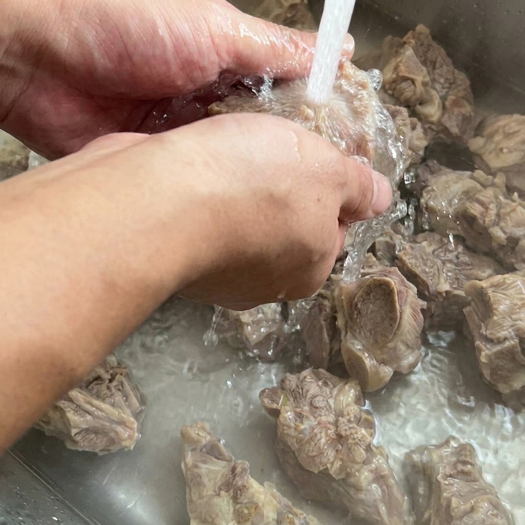 싱크대에서 흐르는 물에 데친 돼지 등뼈를 씻는 모습
